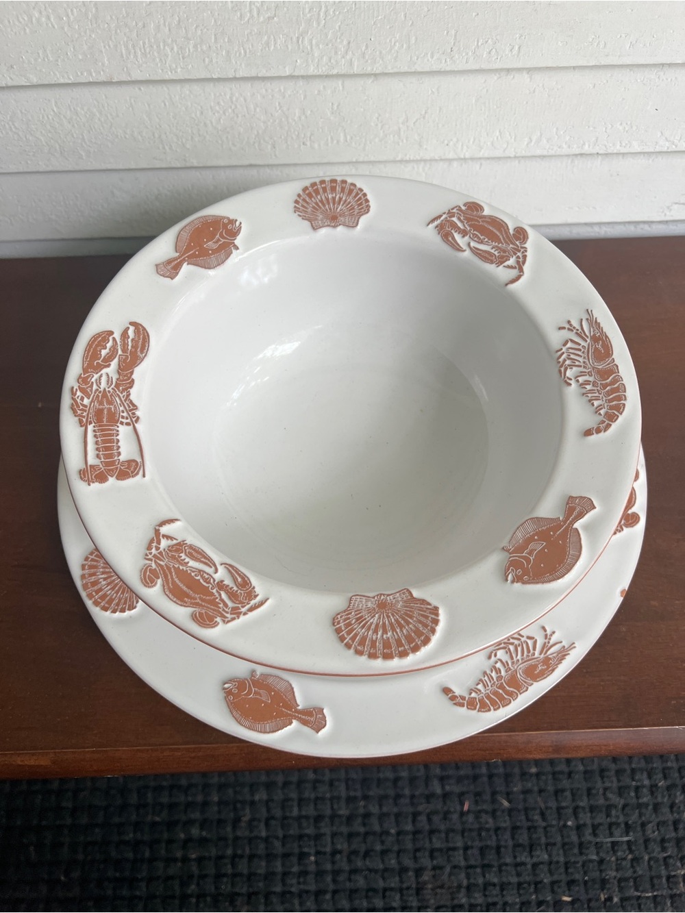 Frankoma White and Rust Shell & Sea 
Serving Platter and Large Serving Bowl.
